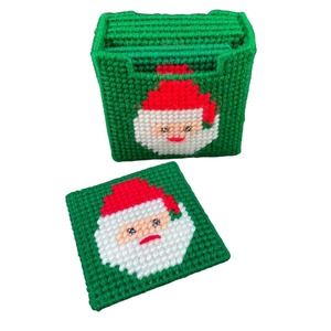 Vtg Handmade Plastic Canvas Santa Christmas Coaster Needlepoint Set of 7 READ